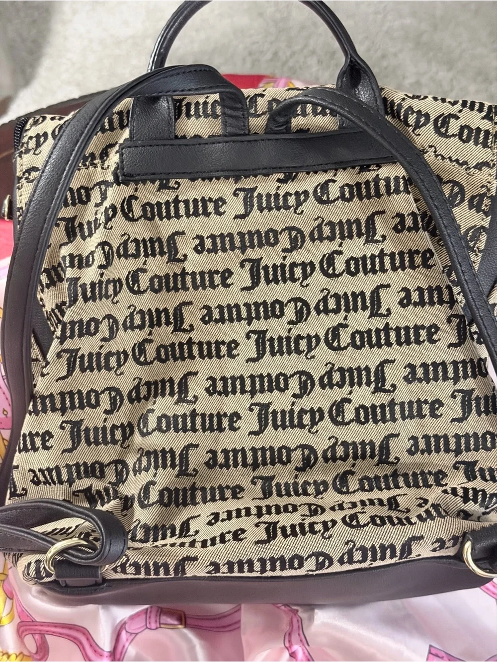 Juicy Couture Bold Move Flap Over Backpack, tan & black gothic monogram print
